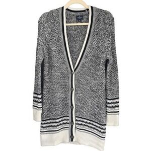 American‎ Eagle Cardigan Sweater Duster Open Knit Striped Trim Gray S